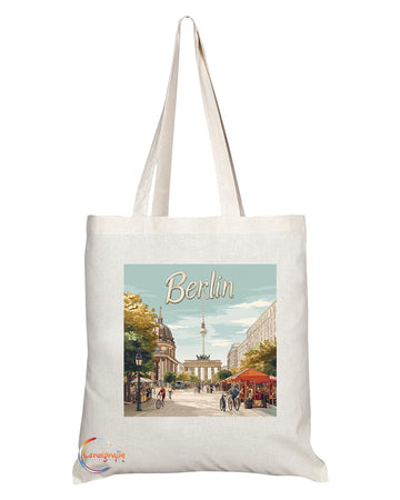 Natural Reusable Shopping Souvenir Tote Bag Featuring Popular Cities and Capitals from Europe and Around the World (Berlin)
