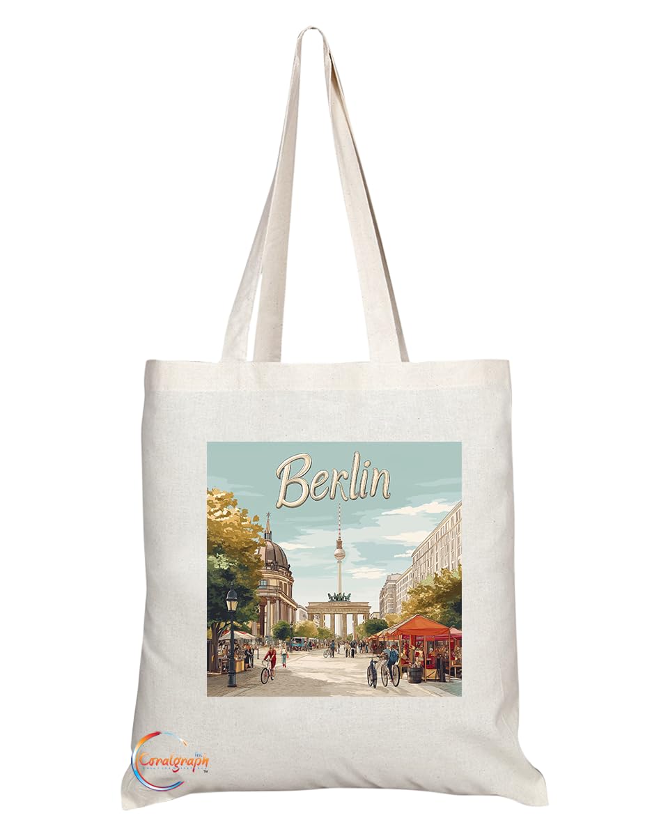 Natural Reusable Shopping Souvenir Tote Bag Featuring Popular Cities and Capitals from Europe and Around the World (Berlin)
