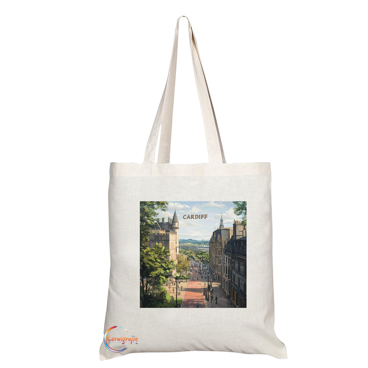 Natural Reusable Shopping Souvenir Tote Bag Featuring Cities and Landmarks in United Kingdom (Cardiff)