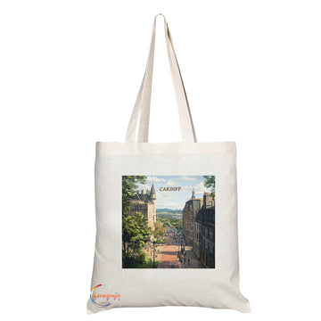 Natural Reusable Shopping Souvenir Tote Bag Featuring Cities and Landmarks in United Kingdom (Cardiff)