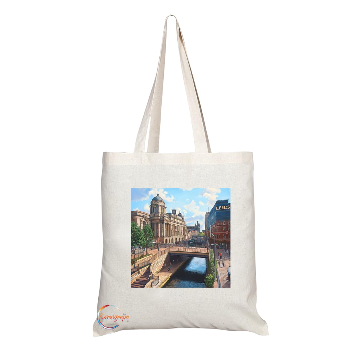 Natural Reusable Shopping Souvenir Tote Bag Featuring Cities and Landmarks in United Kingdom (Leeds)