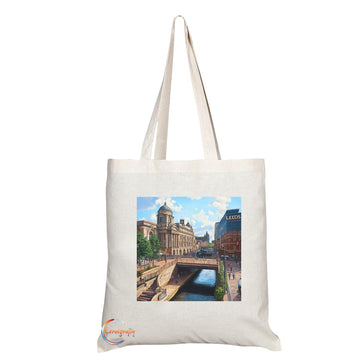 Natural Reusable Shopping Souvenir Tote Bag Featuring Cities and Landmarks in United Kingdom (Leeds)