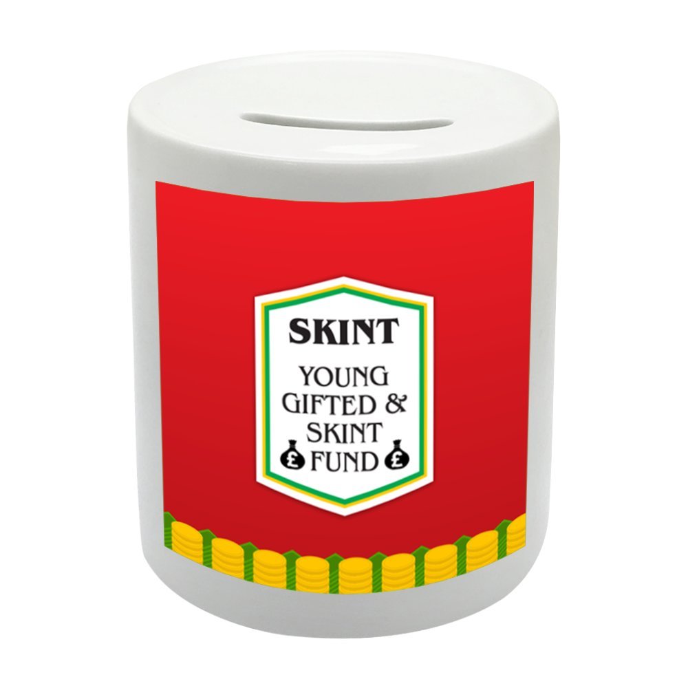 BS066 SKINT YOUNG GIFTED & SKINT FUND Novelty Gift Printed Ceramic Piggy Bank Money Saving Box