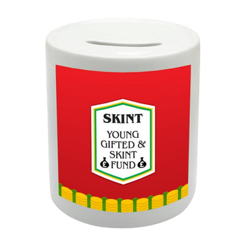 BS066 SKINT YOUNG GIFTED & SKINT FUND Novelty Gift Printed Ceramic Piggy Bank Money Saving Box