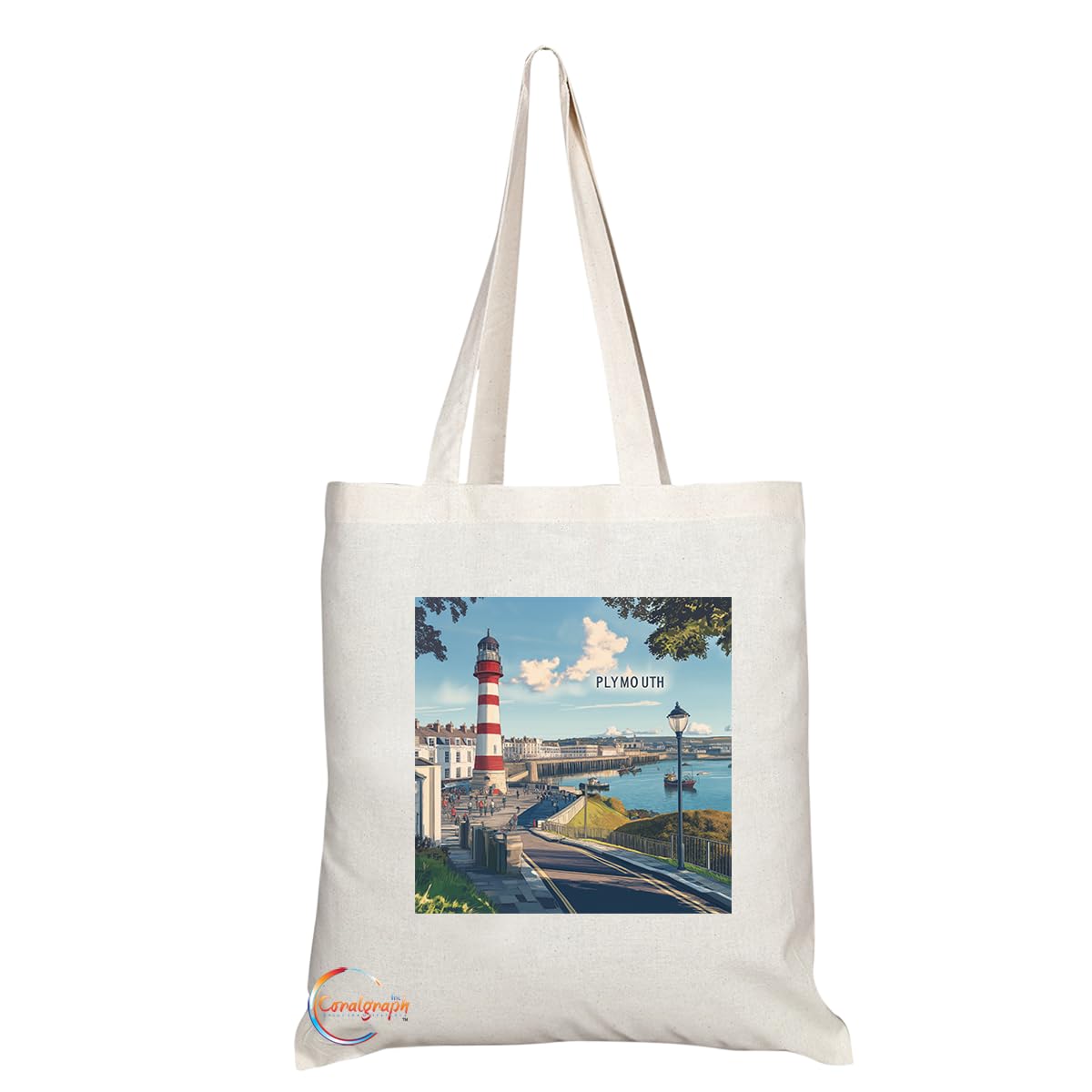 Natural Reusable Shopping Souvenir Tote Bag Featuring Cities and Landmarks in United Kingdom (Plymouth2)