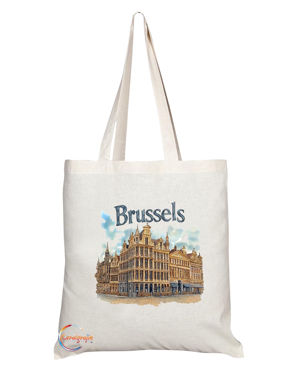 Natural Reusable Shopping Souvenir Tote Bag Featuring Popular Cities and Capitals from Europe and Around the World (Brussels)