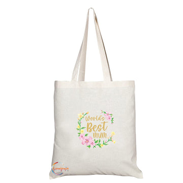 TB1409 World Best Mum Novelty Present Gift Printed Eco-Friendly Stylish Long Handled Tote Shoulder Bag