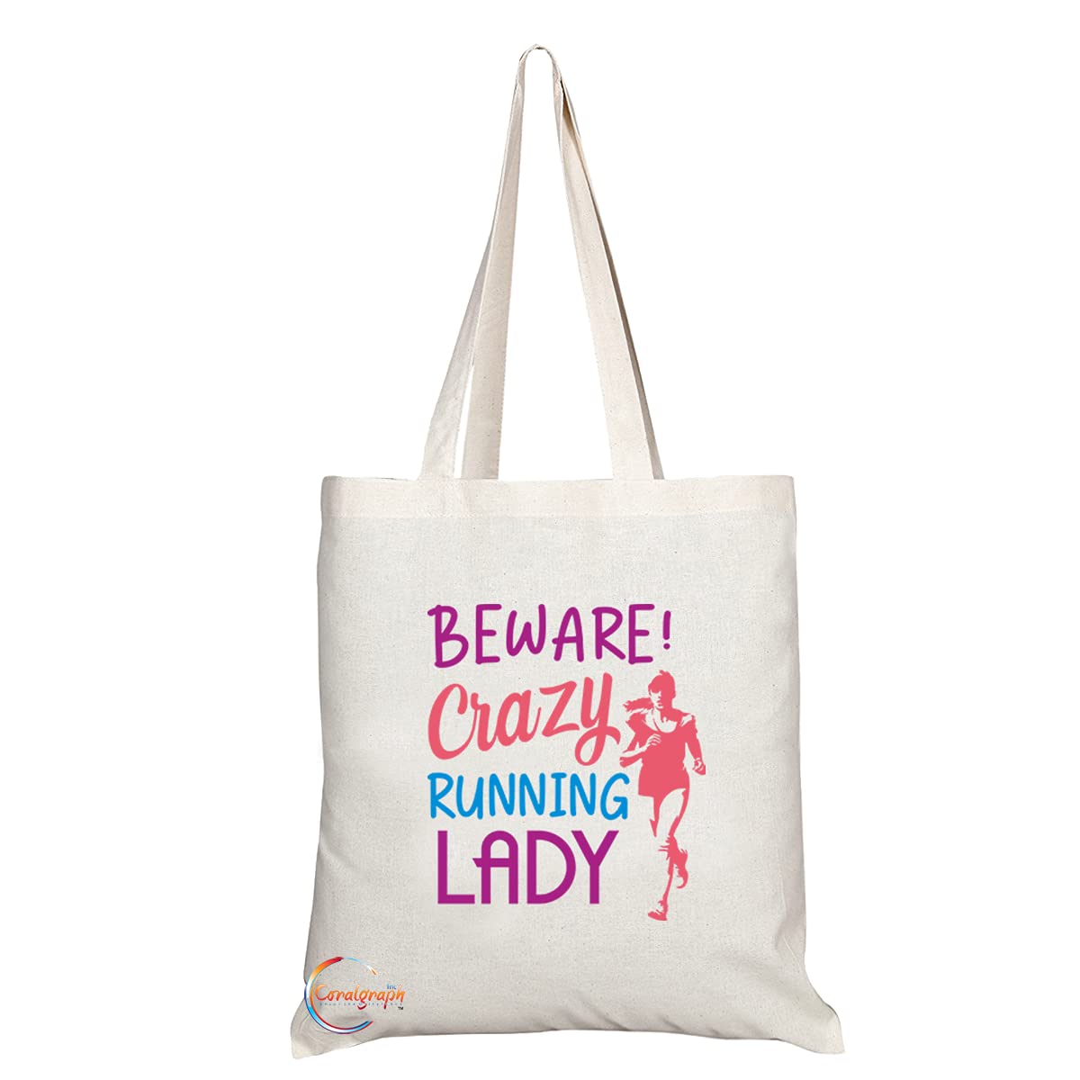 TB1219 Beware Crazy Running Lady Novelty Present Gift Printed Eco-Friendly Stylish Long Handled Tote Shoulder Bag