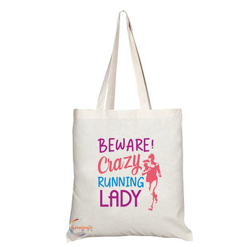TB1219 Beware Crazy Running Lady Novelty Present Gift Printed Eco-Friendly Stylish Long Handled Tote Shoulder Bag