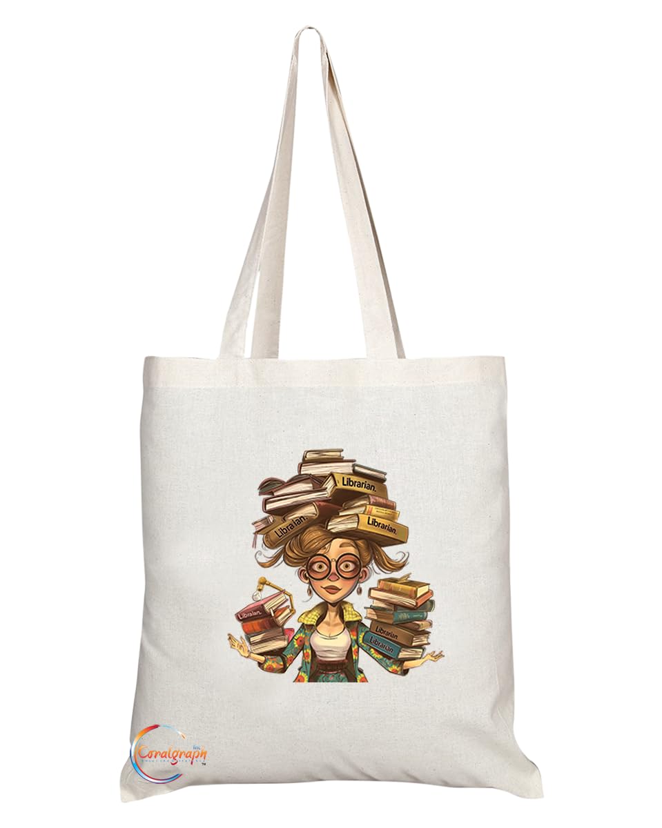 TB1964 Ms Librarian Souvenir Tote Bag - Depicting a Knowledgeable Librarian with Books - Memory Keepsake for Library and Book Lovers - Ms Librarian Memorabilia