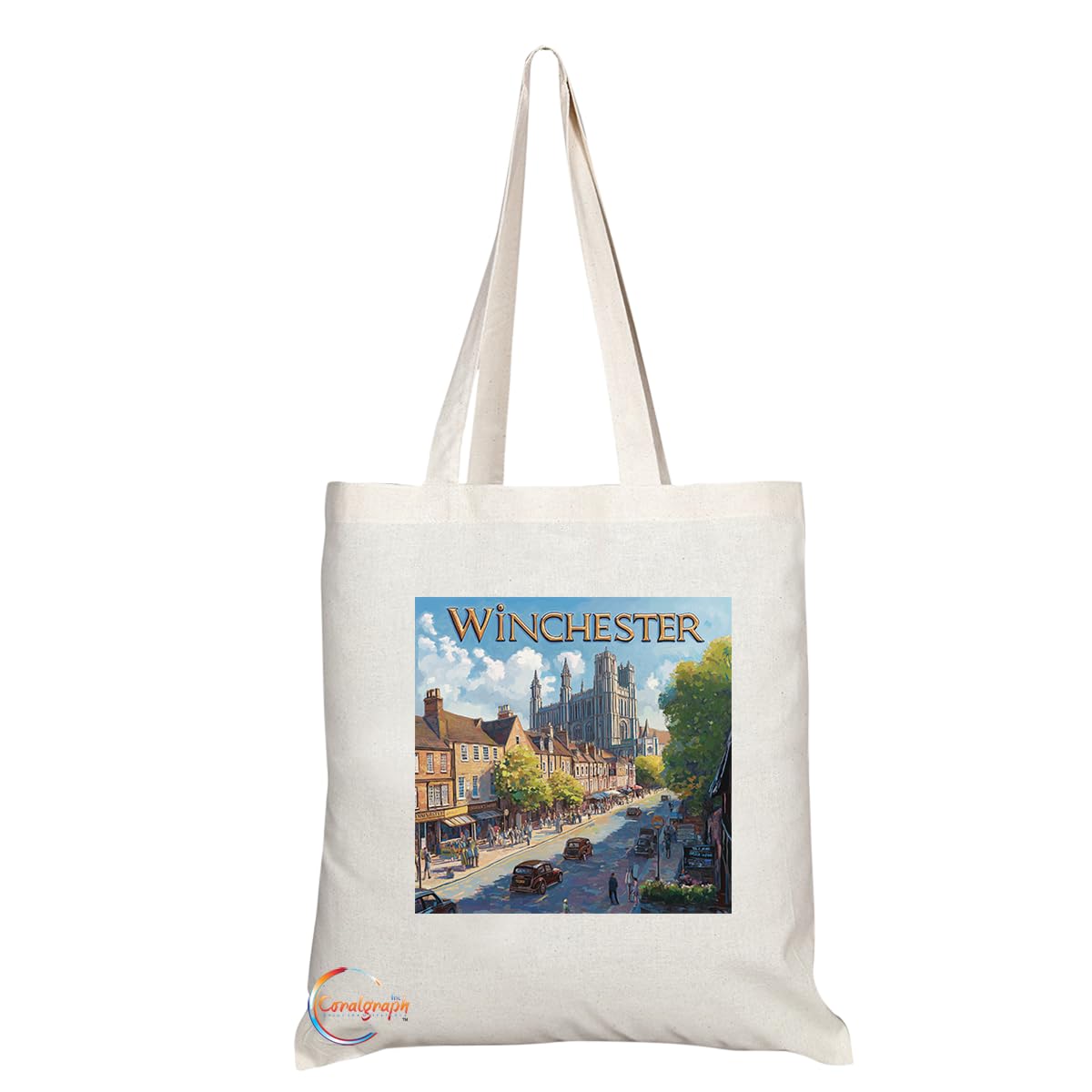 Natural Reusable Shopping Souvenir Tote Bag Featuring Cities and Landmarks in United Kingdom (Winchester)