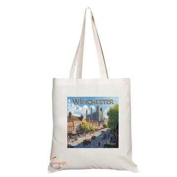Natural Reusable Shopping Souvenir Tote Bag Featuring Cities and Landmarks in United Kingdom (Winchester)
