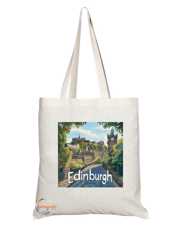 Natural Reusable Shopping Souvenir Tote Bag Featuring Cities and Landmarks in United Kingdom (Edinburgh City)