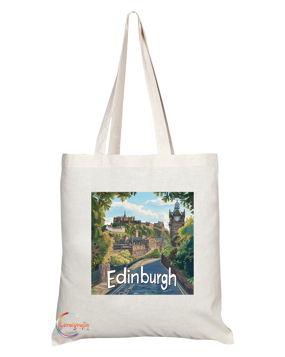 Natural Reusable Shopping Souvenir Tote Bag Featuring Cities and Landmarks in United Kingdom (Edinburgh City)
