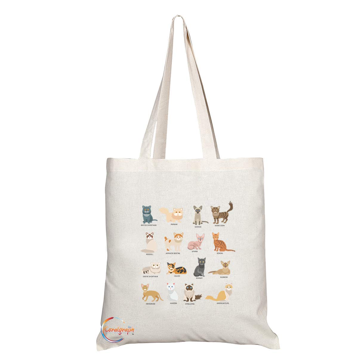 TB694 Cat Breeds Novelty Present Gift Printed Eco-Friendly Stylish Long Handled Tote Shoulder Bag