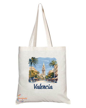 Natural Reusable Shopping Souvenir Tote Bag Featuring Popular Cities and Capitals from Europe and Around the World (Valencia)