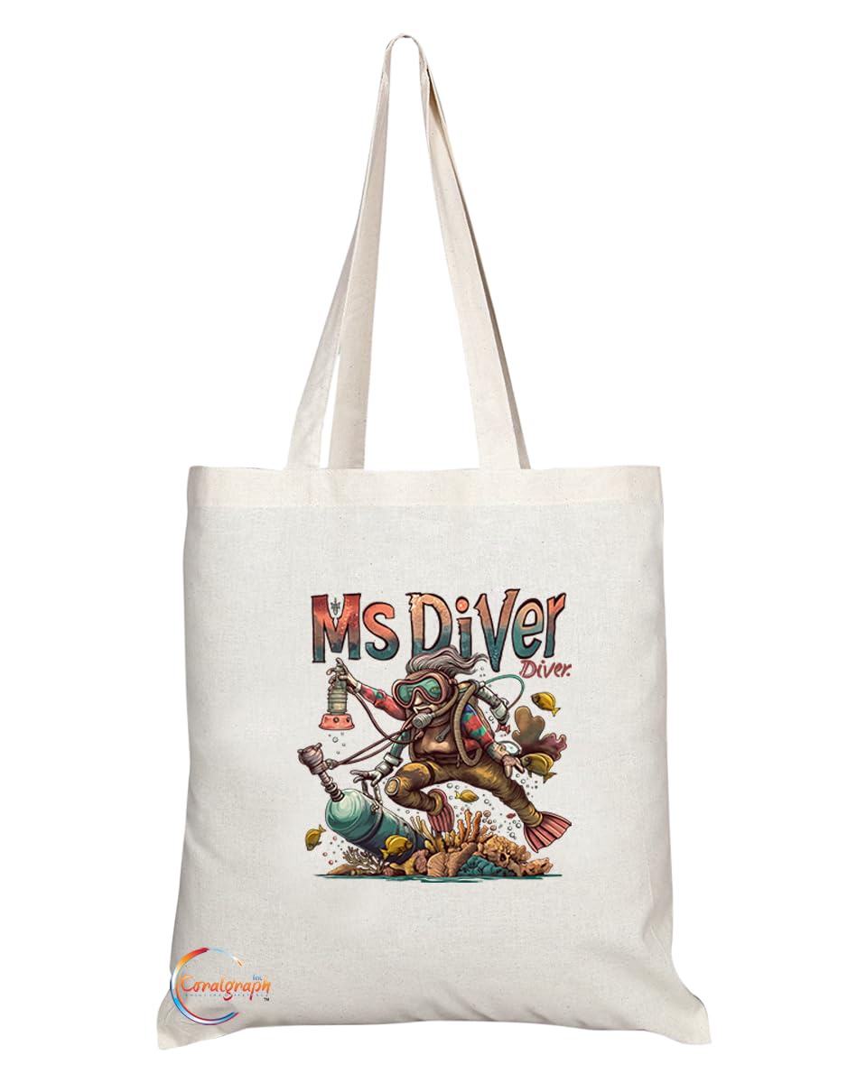 TB1961 Ms Diver Souvenir Tote Bag - Depicting an Adventurous Diver Exploring Underwater - Memory Keepsake for Diving Enthusiasts - Ms Diver Memorabilia