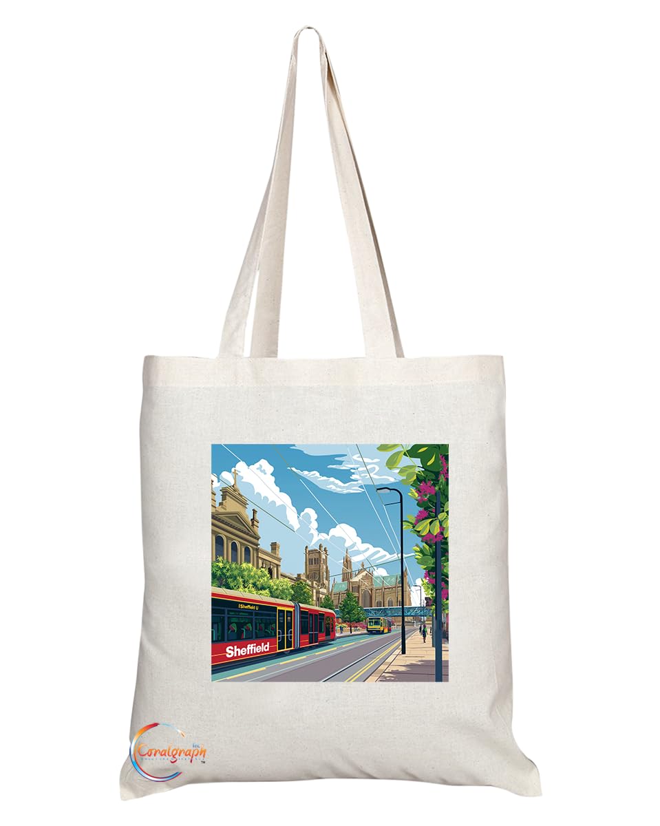 Natural Reusable Shopping Souvenir Tote Bag Featuring Cities and Landmarks in United Kingdom (Sheffield)