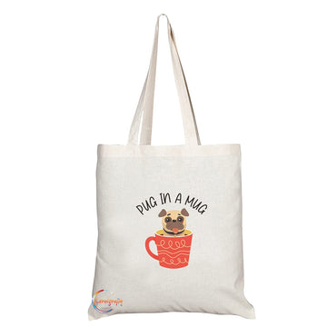 TB1417 Pug in a Mug Novelty Present Gift Printed Eco-Friendly Stylish Long Handled Tote Shoulder Bag