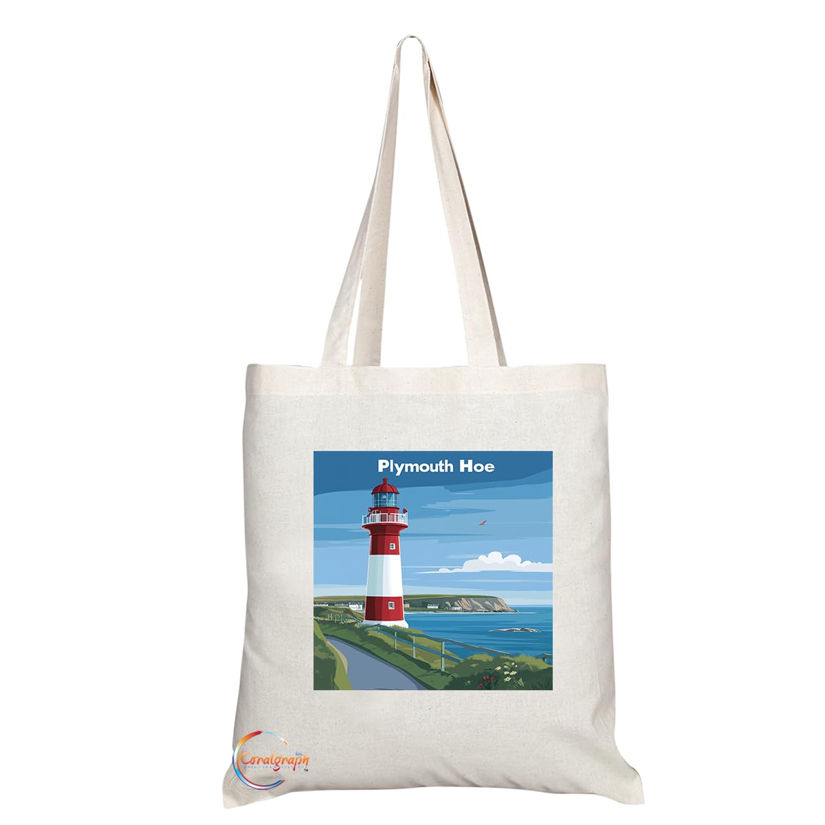 Natural Reusable Shopping Souvenir Tote Bag Featuring Cities and Landmarks in United Kingdom (Plymouth)