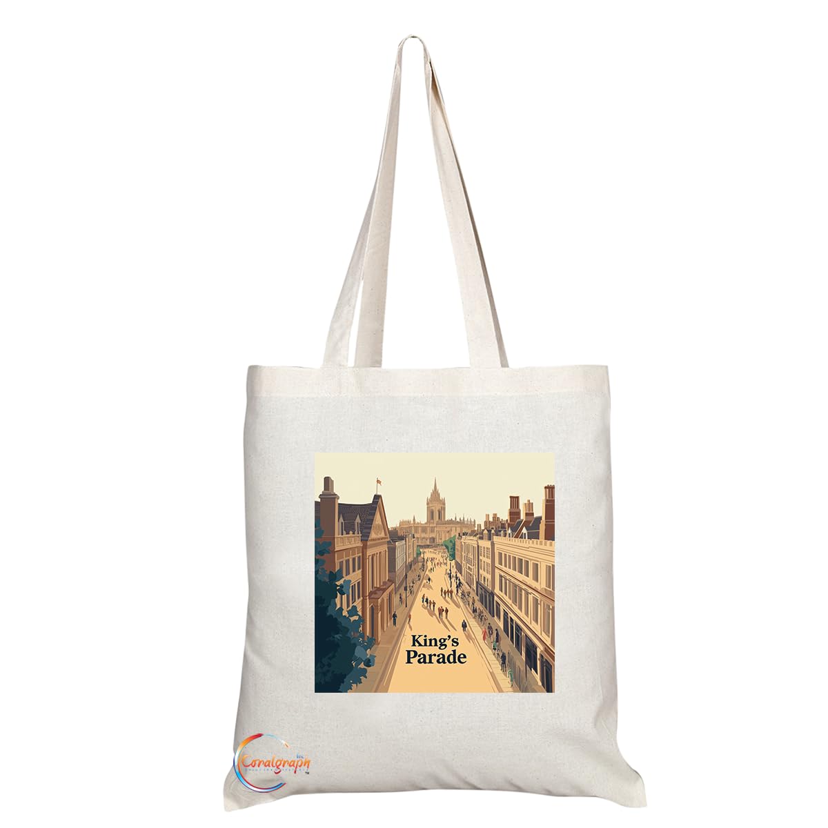 Natural Reusable Shopping Souvenir Tote Bag Featuring Cities and Landmarks in United Kingdom (Cambridge Kings Parade)