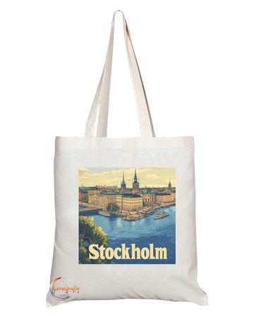 Natural Reusable Shopping Souvenir Tote Bag Featuring Popular Cities and Capitals from Europe and Around the World (Stockholm)