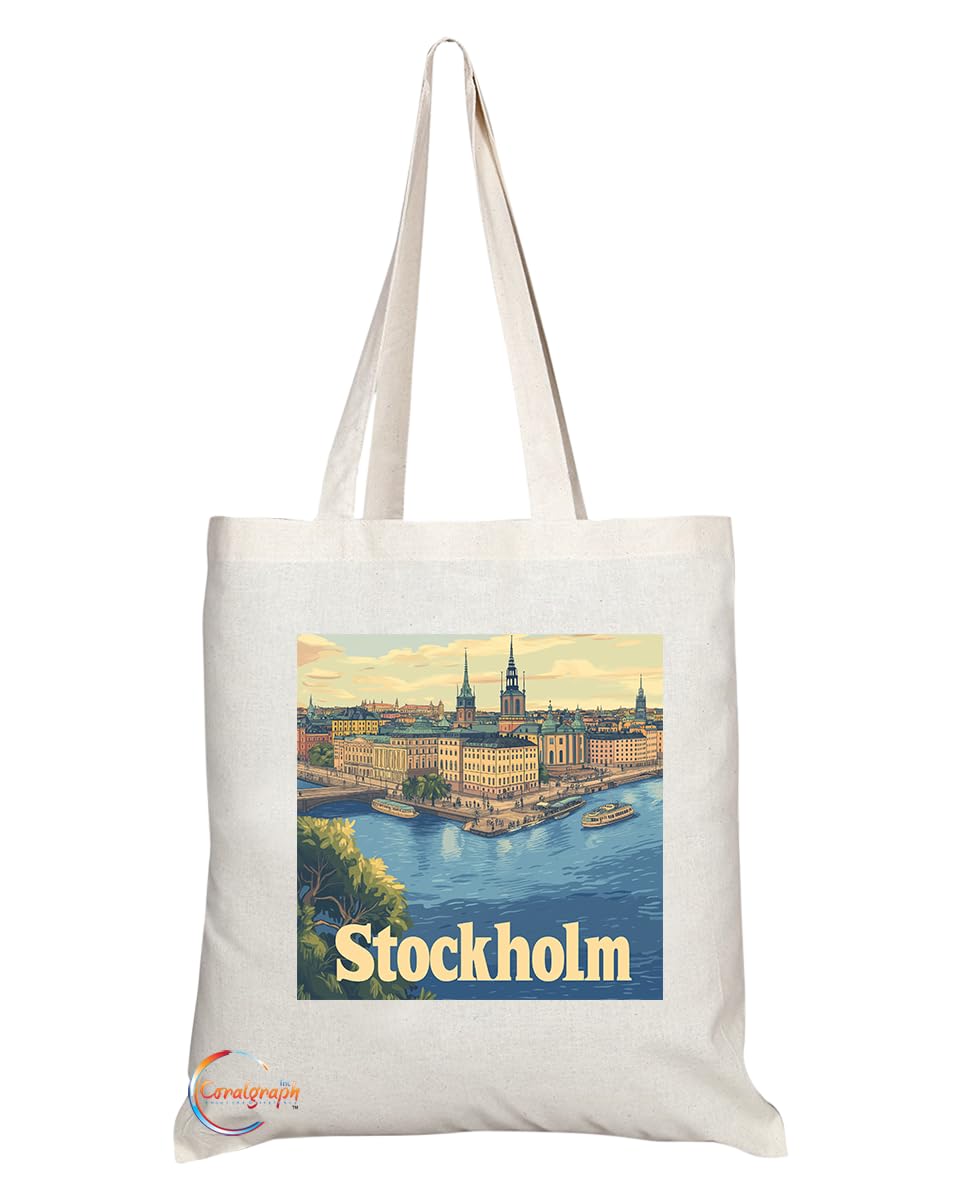 Natural Reusable Shopping Souvenir Tote Bag Featuring Popular Cities and Capitals from Europe and Around the World (Stockholm)