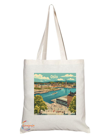 Natural Reusable Shopping Souvenir Tote Bag Featuring Popular Cities and Capitals from Europe and Around the World (Oslo)