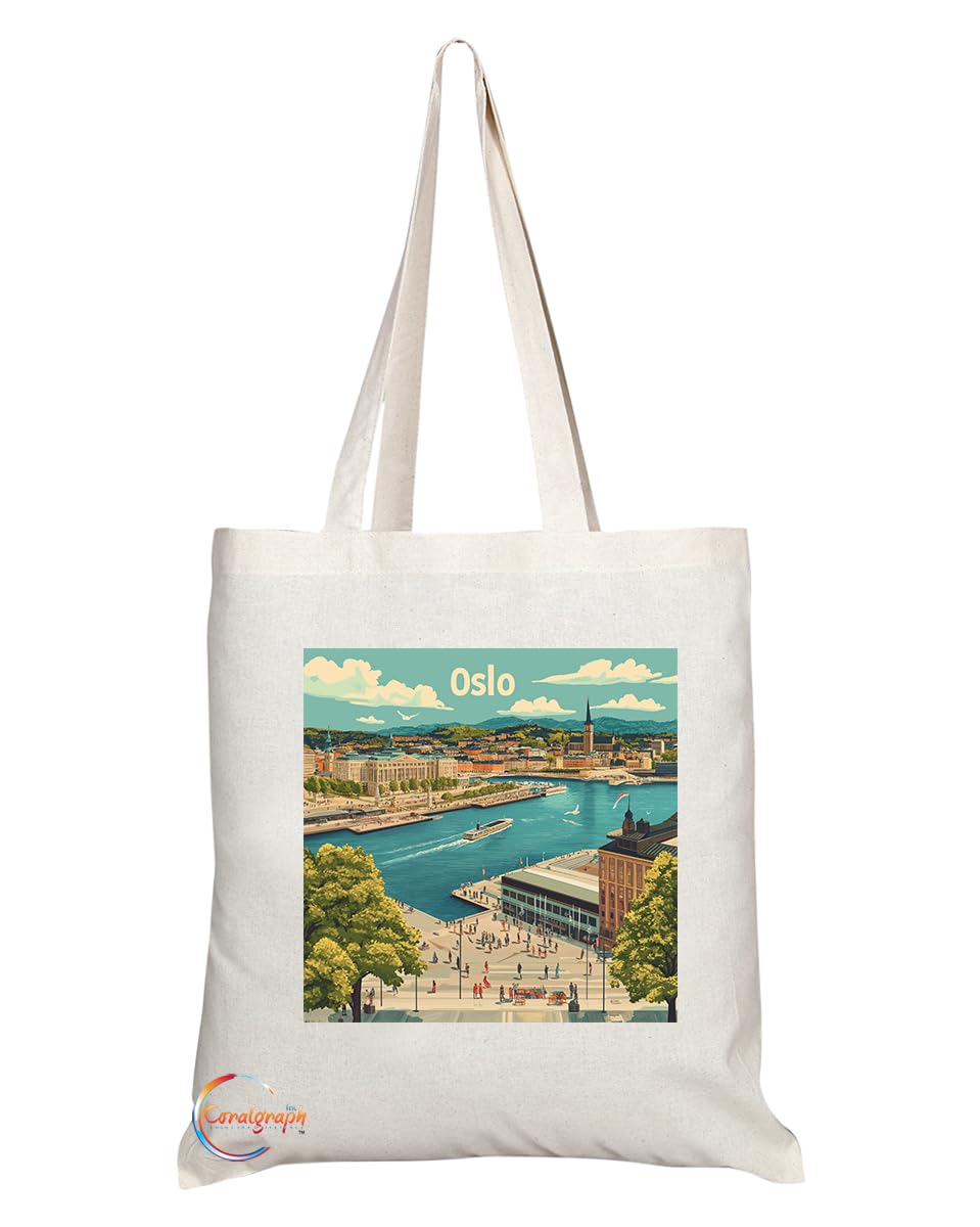 Natural Reusable Shopping Souvenir Tote Bag Featuring Popular Cities and Capitals from Europe and Around the World (Oslo)