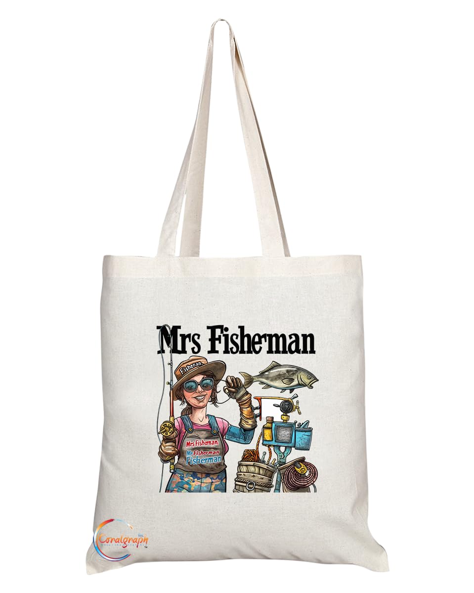 TB1870 Mrs Fisherman Tote Bag - Gift for Female Fishermen, Anglers, Fishing Enthusiasts - Durable, Stylish, Eco-Friendly, Reusable, Spacious, and Lightweight