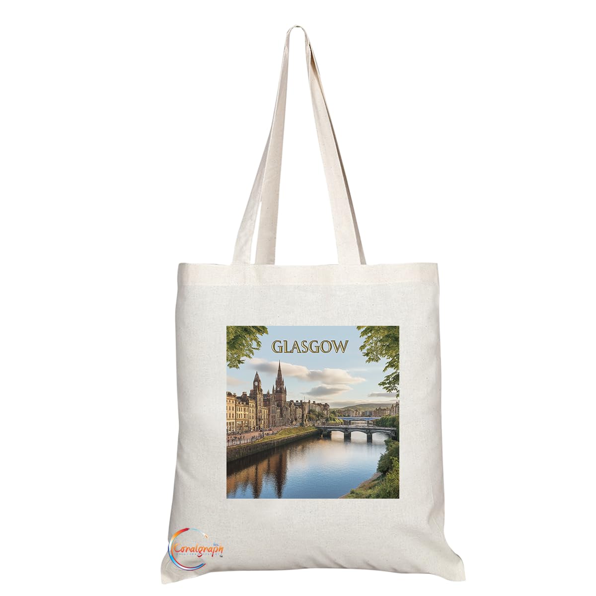 Natural Reusable Shopping Souvenir Tote Bag Featuring Cities and Landmarks in United Kingdom (Glasgow)