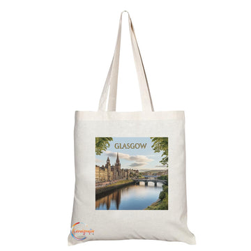 Natural Reusable Shopping Souvenir Tote Bag Featuring Cities and Landmarks in United Kingdom (Glasgow)