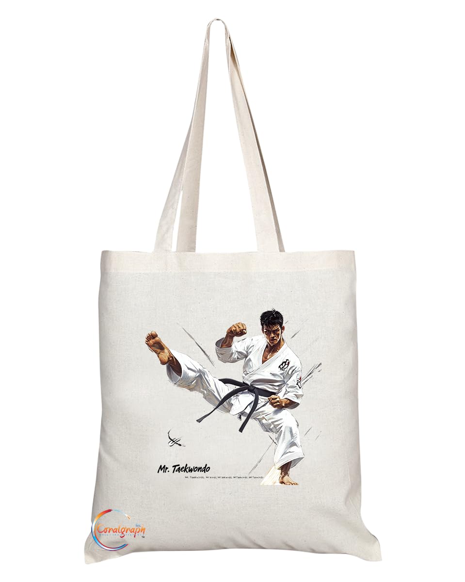 Natural Reusable Shopping Souvenir Tote Bag Featuring Popular Sports Designs from Around the World (Taekwondo)