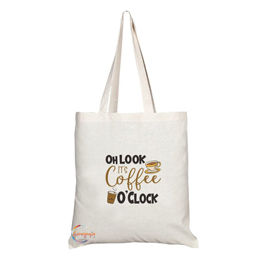 TB1425 Oh Look it's Coffee O'Clock Novelty Present Gift Printed Eco-Friendly Stylish Long Handled Tote Shoulder Bag