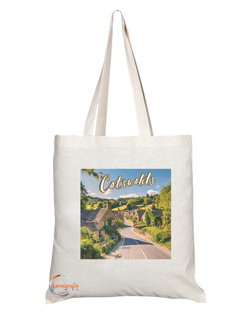Natural Reusable Shopping Souvenir Tote Bag Featuring Cities and Landmarks in United Kingdom (Cotswolds)