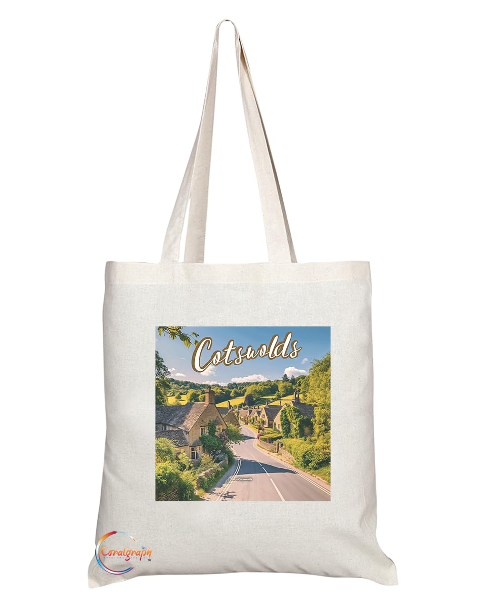 Natural Reusable Shopping Souvenir Tote Bag Featuring Cities and Landmarks in United Kingdom (Cotswolds)