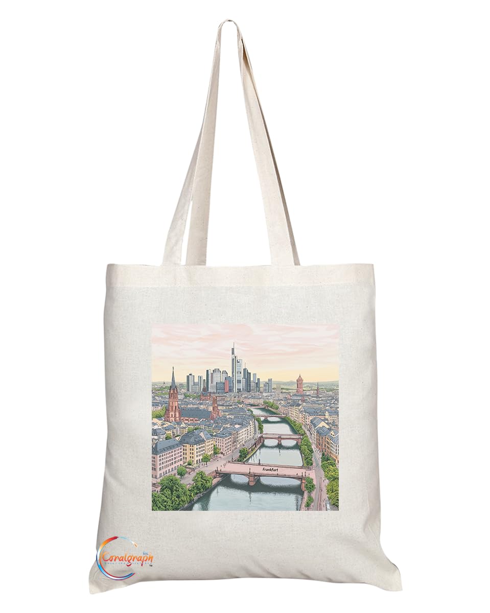 Natural Reusable Shopping Souvenir Tote Bag Featuring Popular Cities and Capitals from Europe and Around the World (Frankfurt)