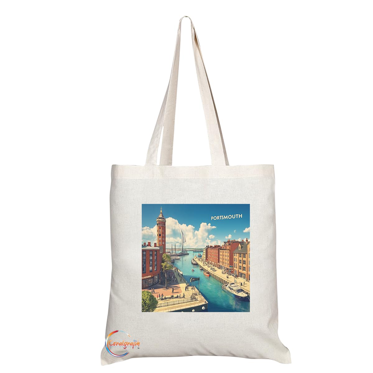 Natural Reusable Shopping Souvenir Tote Bag Featuring Cities and Landmarks in United Kingdom (Portsmouth)
