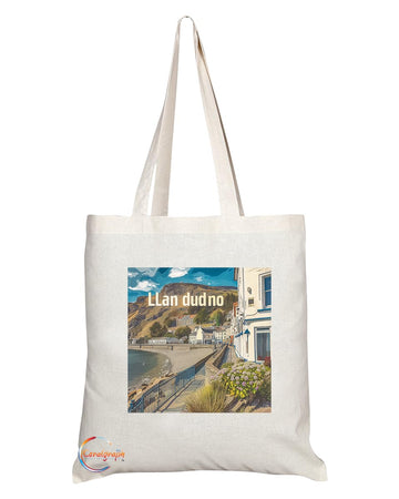 Natural Reusable Shopping Souvenir Tote Bag Featuring Cities and Landmarks in United Kingdom (Llandudno2)