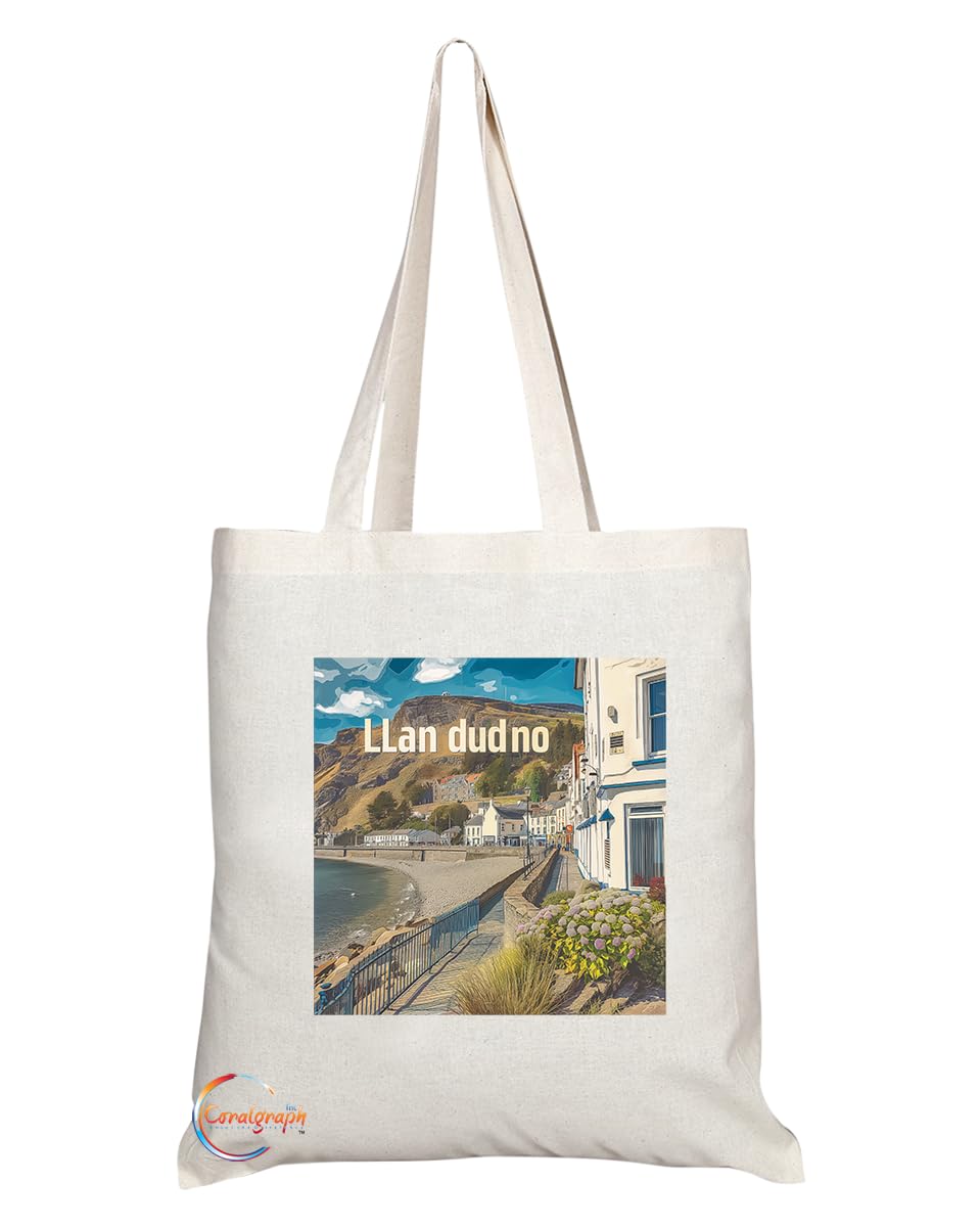 Natural Reusable Shopping Souvenir Tote Bag Featuring Cities and Landmarks in United Kingdom (Llandudno2)
