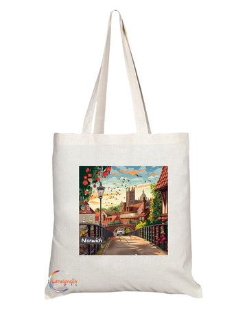 Natural Reusable Shopping Souvenir Tote Bag Featuring Cities and Landmarks in United Kingdom (Norwich)