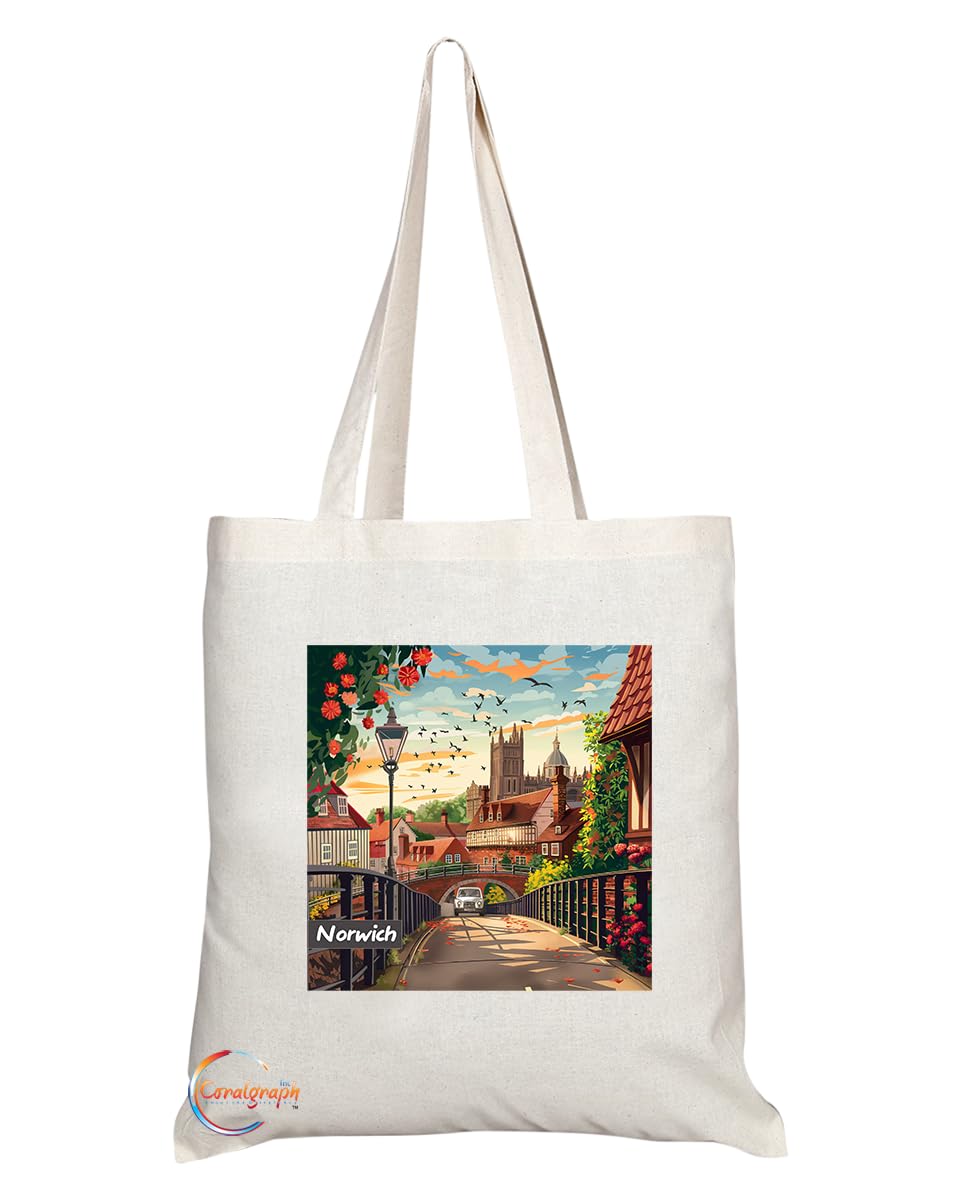 Natural Reusable Shopping Souvenir Tote Bag Featuring Cities and Landmarks in United Kingdom (Norwich)