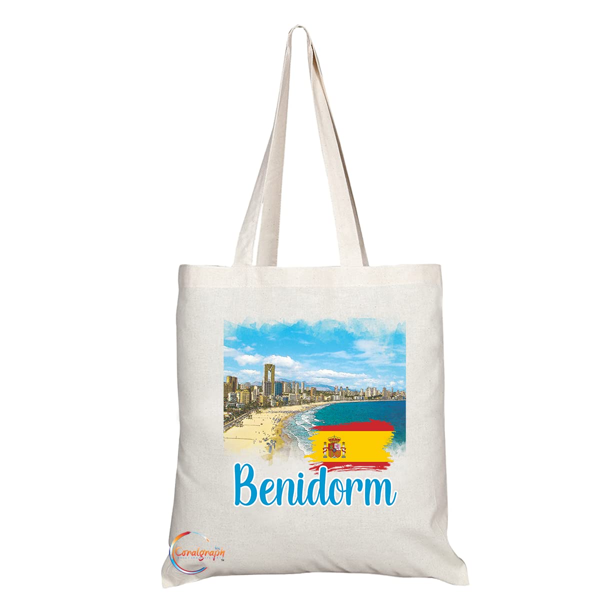 Natural Reusable Shopping Souvenir Tote Bag Featuring Popular Cities and Capitals from Europe and Around the World (Benidorm TB1548)