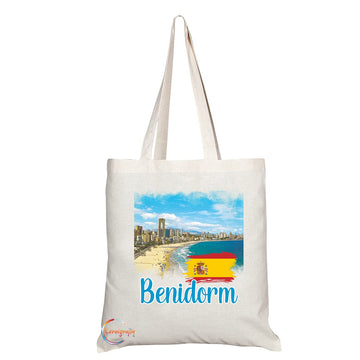 Natural Reusable Shopping Souvenir Tote Bag Featuring Popular Cities and Capitals from Europe and Around the World (Benidorm TB1548)