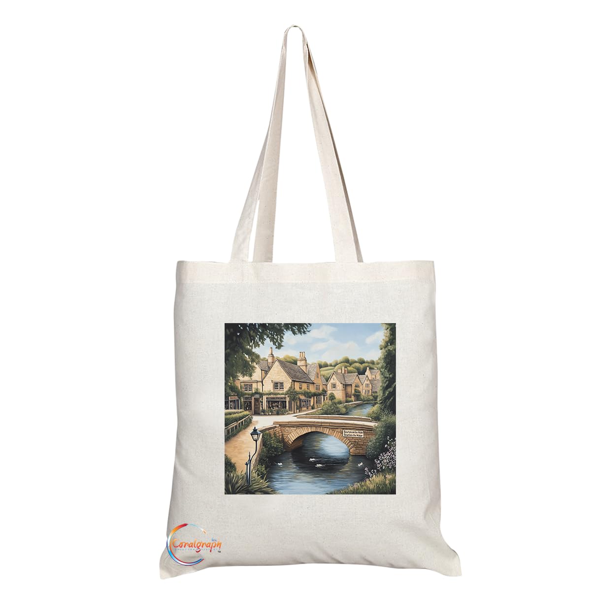 Natural Reusable Shopping Souvenir Tote Bag Featuring Cities and Landmarks in United Kingdom (Burton on Water)