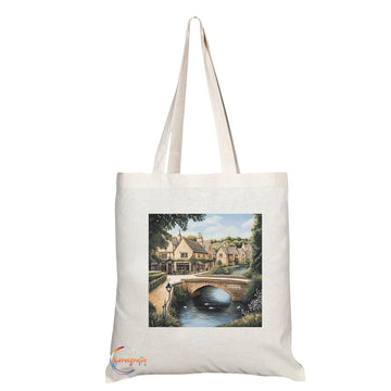 Natural Reusable Shopping Souvenir Tote Bag Featuring Cities and Landmarks in United Kingdom (Burton on Water)
