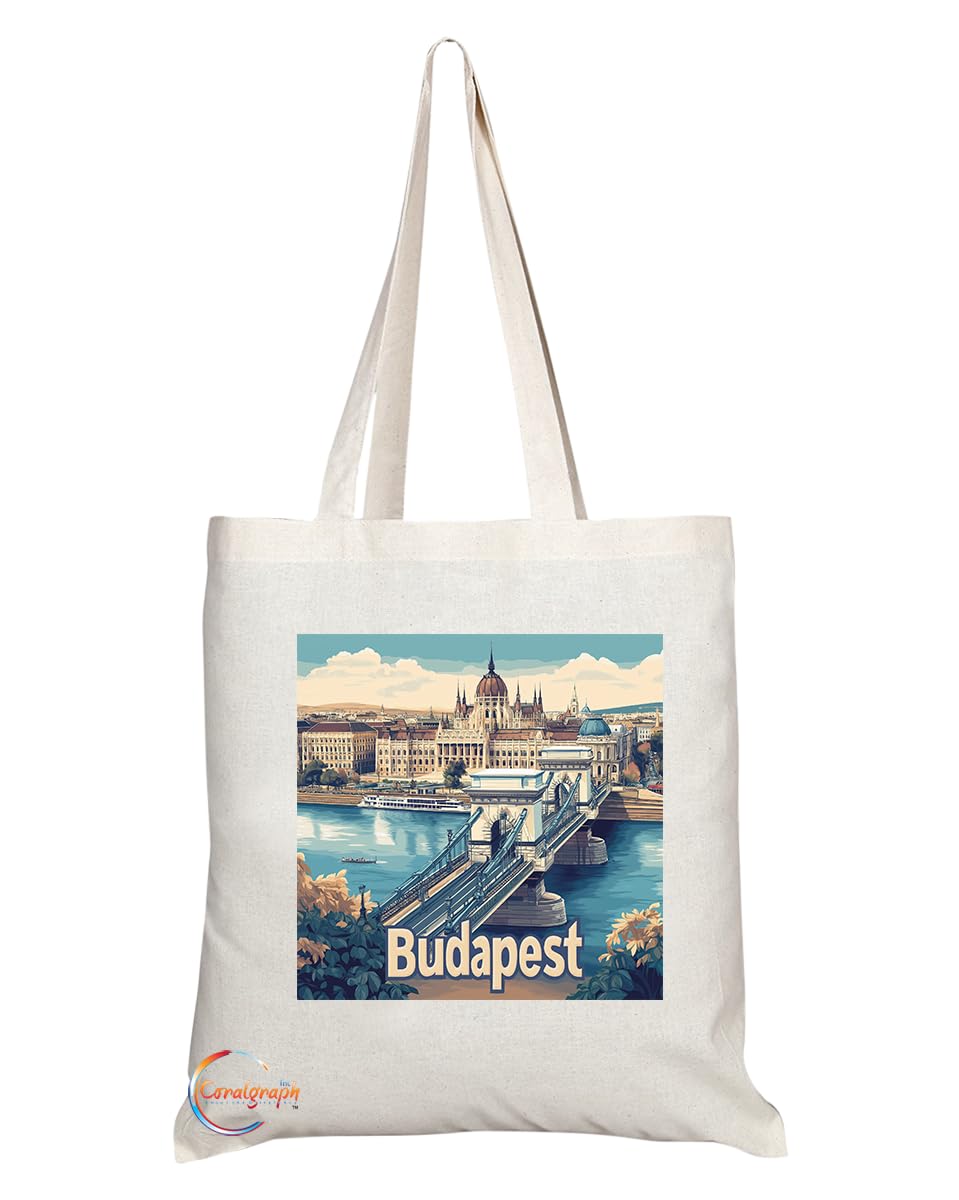 Natural Reusable Shopping Souvenir Tote Bag Featuring Popular Cities and Capitals from Europe and Around the World (Budapest)