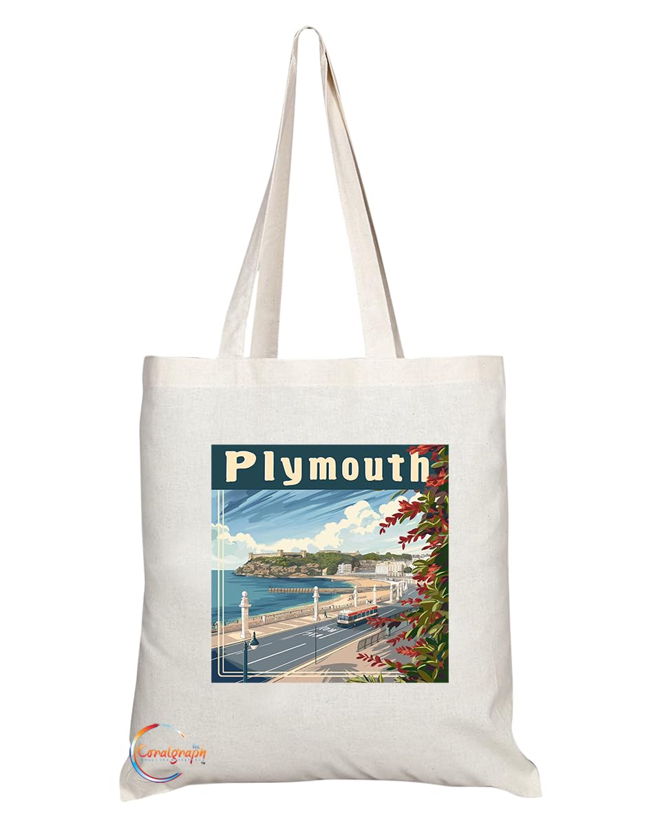 Natural Reusable Shopping Souvenir Tote Bag Featuring Cities and Landmarks in United Kingdom (Plymouth3)