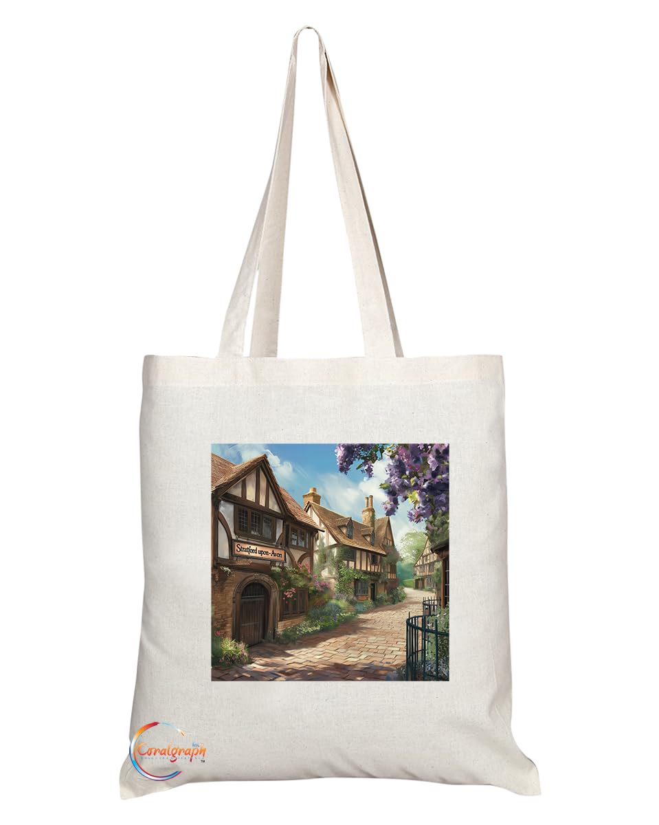 Natural Reusable Shopping Souvenir Tote Bag Featuring Cities and Landmarks in United Kingdom (Stratford Upon Avon)