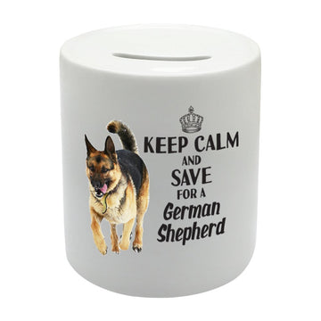 BS015 KEEP CALM AND SAVE FOR A GERMAN SHEPHERD Novelty Gift Printed Ceramic Piggy Bank Money Saving Box